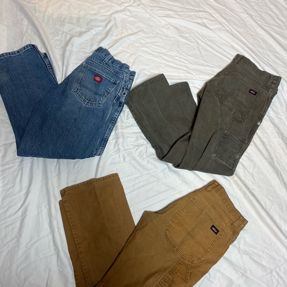Dickies Work Pants Trio in Blue, Olive, and Brown